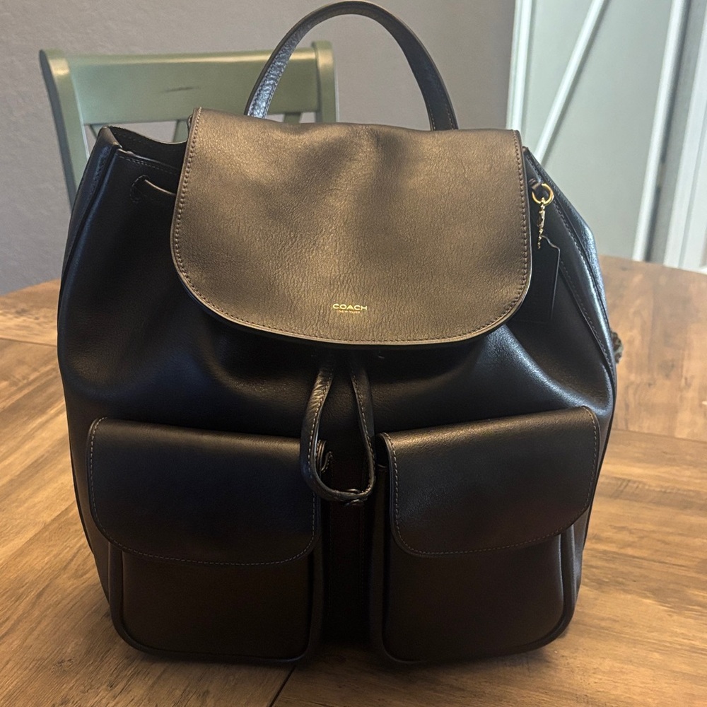 Coach Black Leather Backpack with Front Pockets